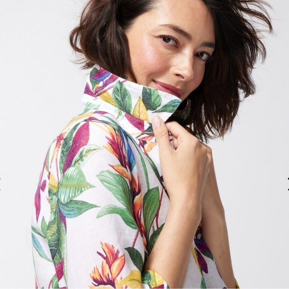 Chico’s No Iron Linen 3/4 Sleeve Floral Tropical Shirt Size 16 - Picture 4 of 15